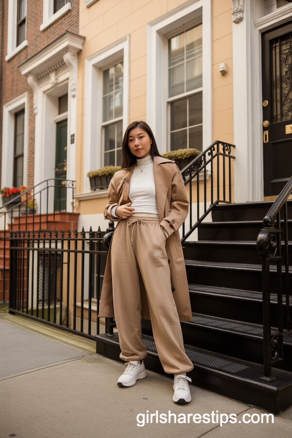 Beige Sweatpants with Trench Coat