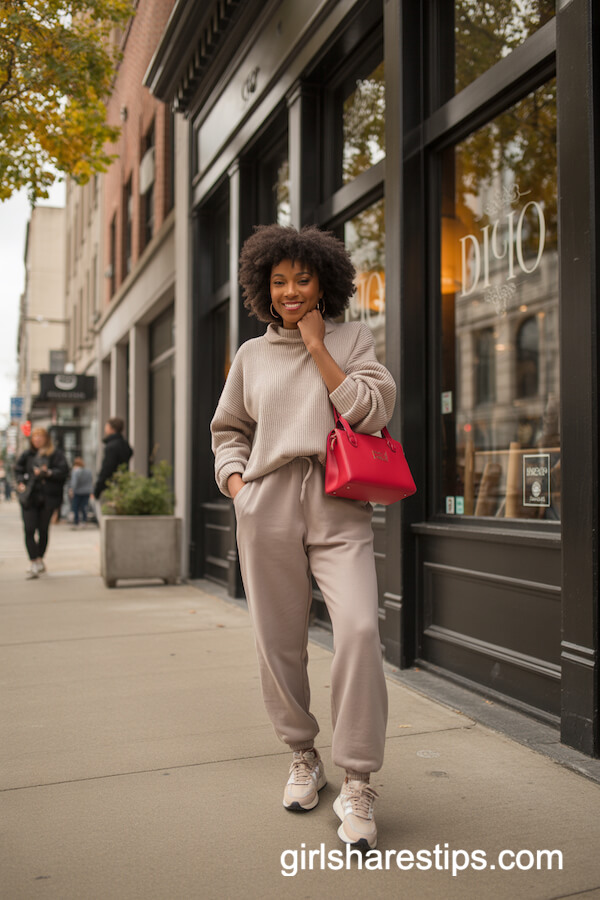 Light Taupe Sweatpants with Bold Red Bag