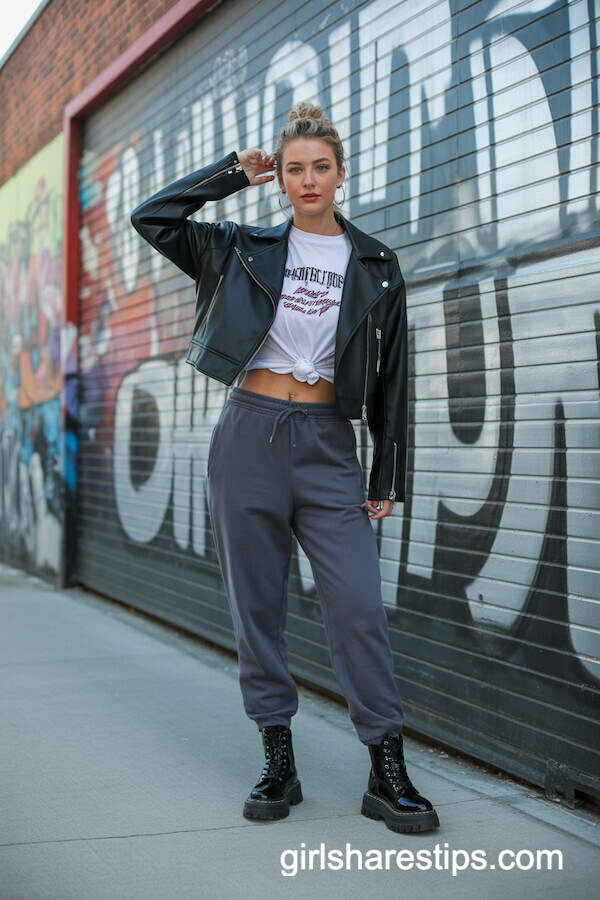Charcoal Joggers with Cropped Leather Jacket