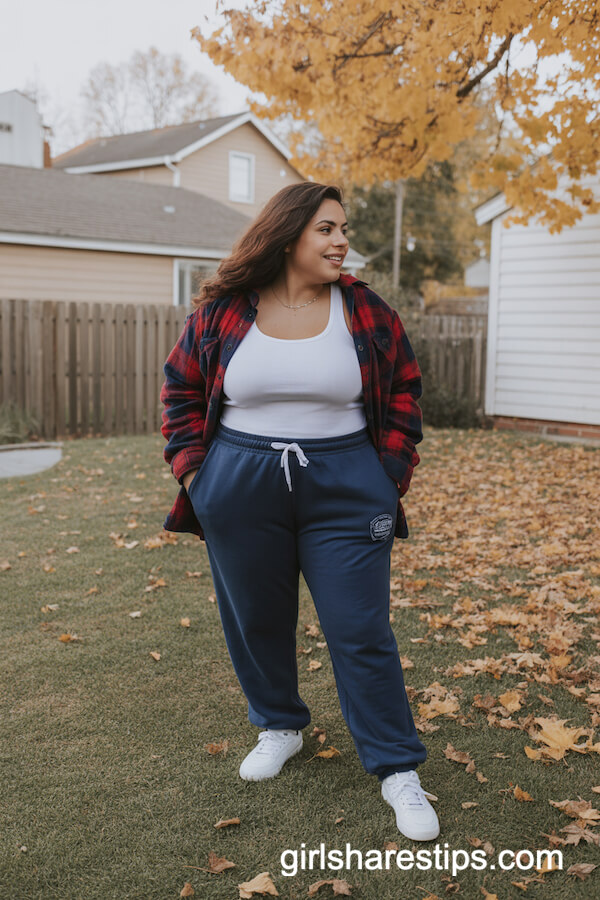 Navy Sweatpants and Plaid Flannel Shirt