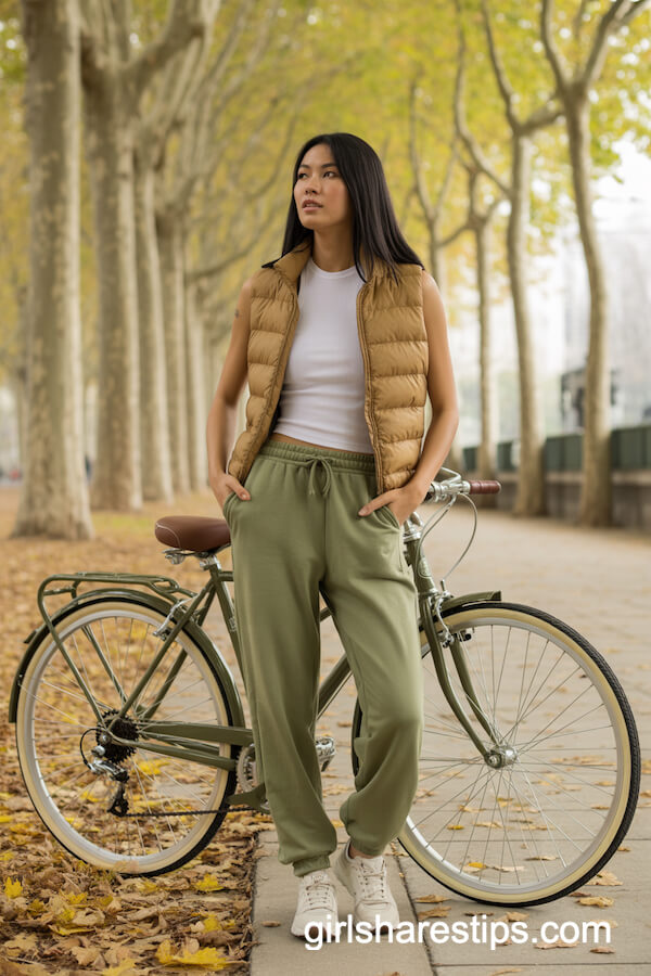 Olive Green Sweatpants with Puffer Vest