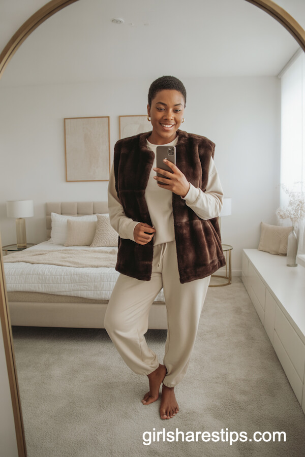 Cream Sweatpants and Faux Fur Vest