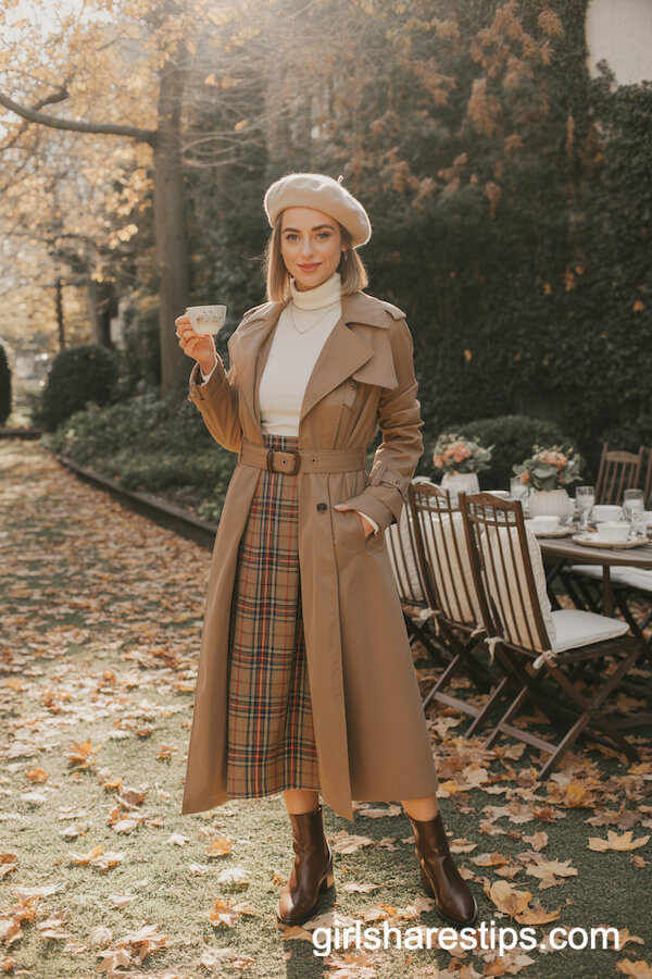 Autumn Trench Coat and Plaid Skirt