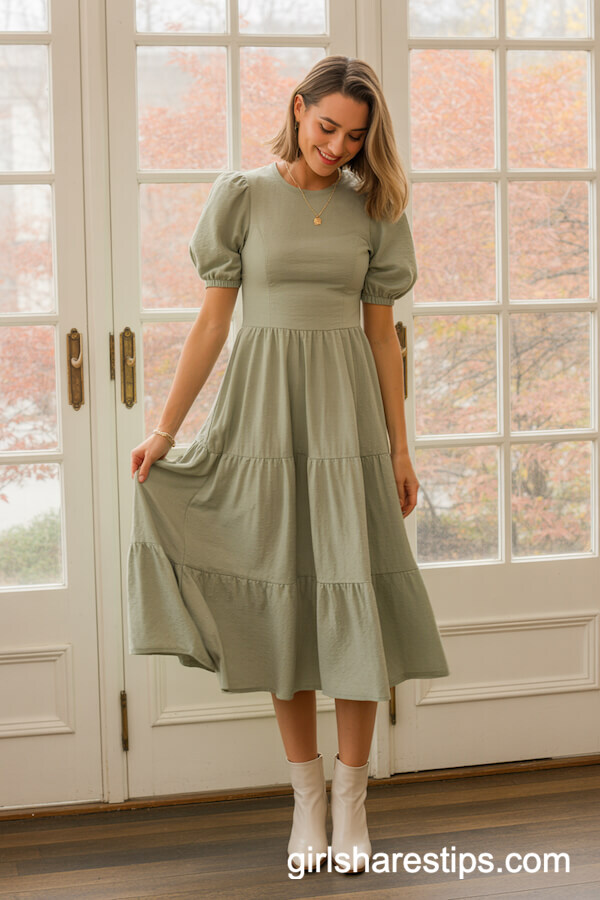 Sage Green Puff Sleeve Midi Dress