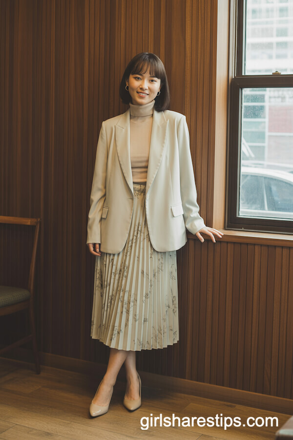 Cream Blazer with Pleated Floral Skirt