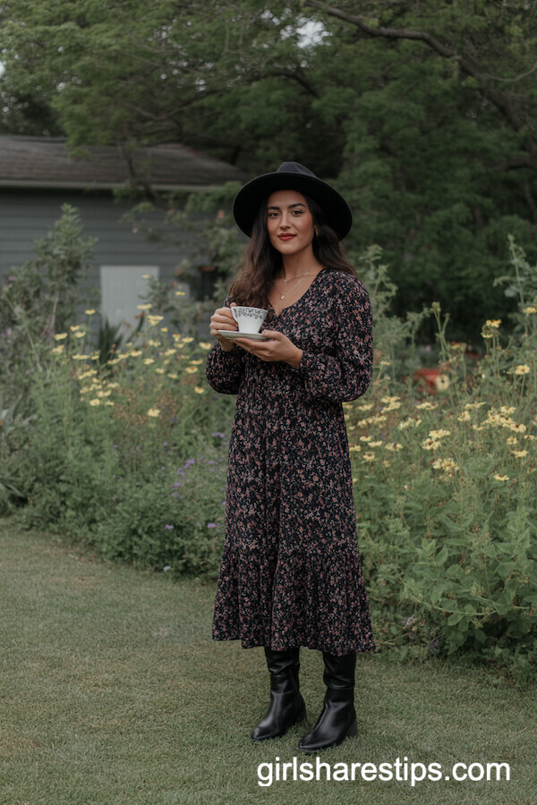 Dark Floral Midi Dress with Wide-Brim Hat