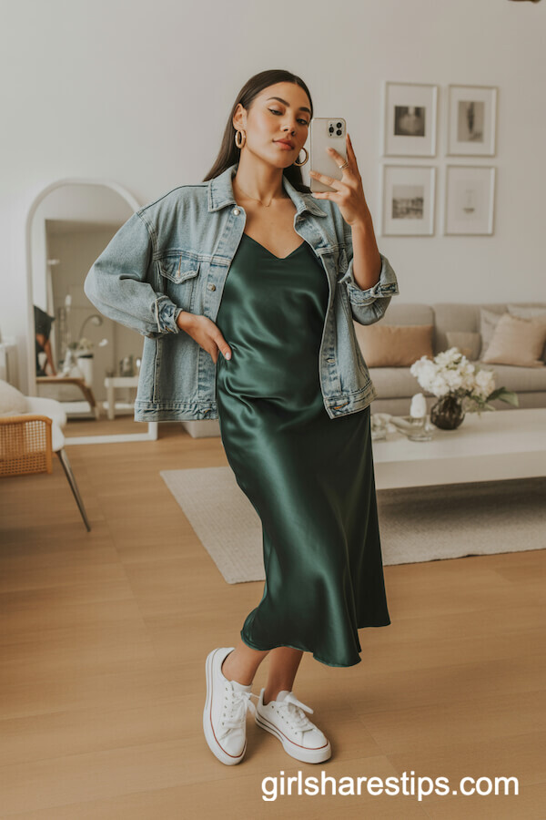 Green Satin Slip Dress with Denim Jacket