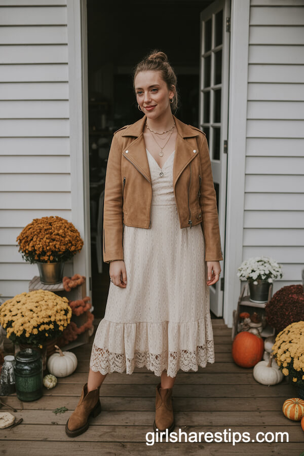 Cream Lace Tea Dress with Moto Jacket
