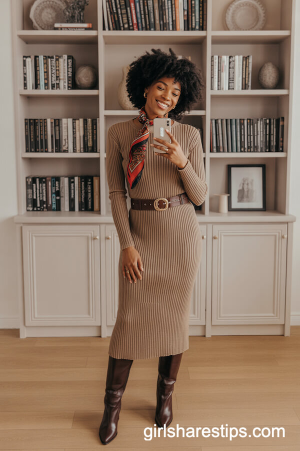 Camel Knit Midi Dress with Bold Scarf