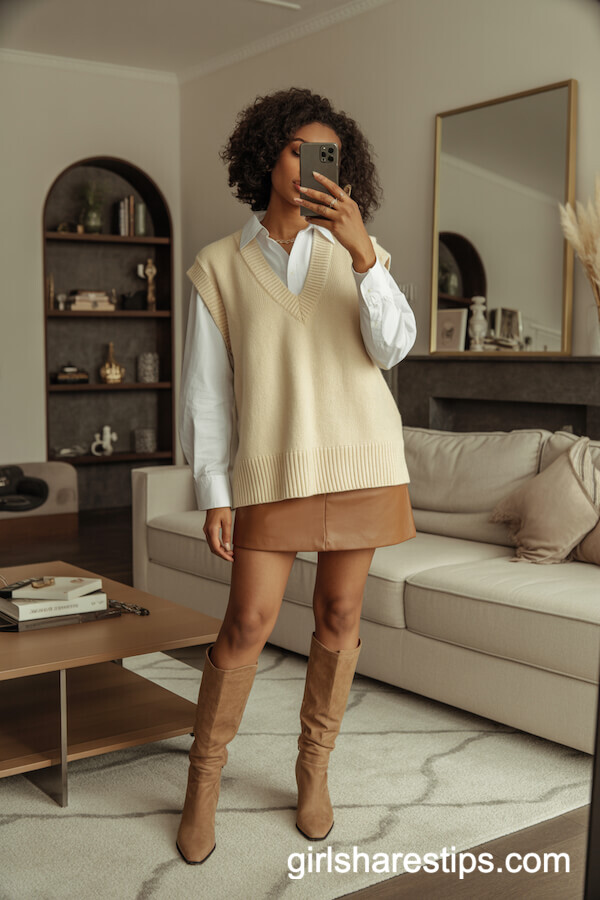 Cream Sweater Vest and Mini Skirt Combo