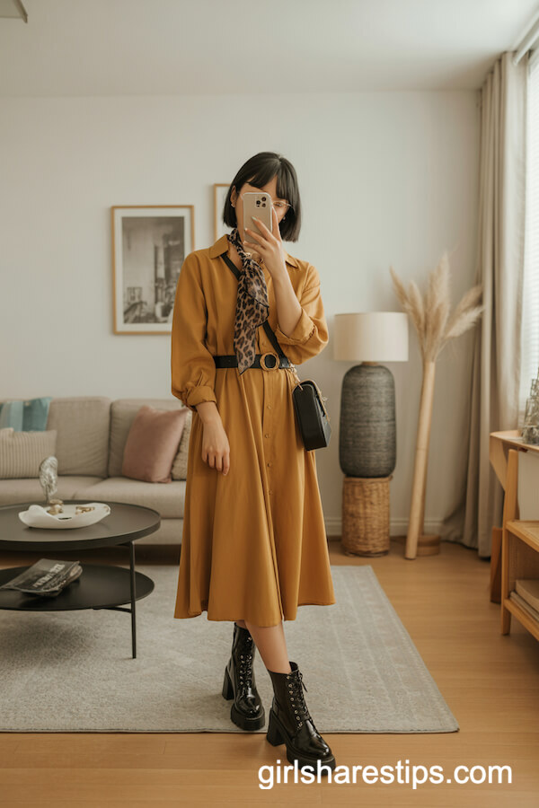 Mustard Yellow Belted Shirt Dress