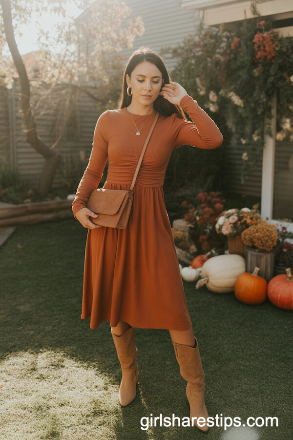 Rust Orange Midi Dress with Knee-High Boots