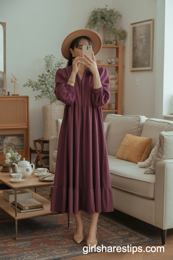 Plum Ruffled Midi Dress with Floppy Hat