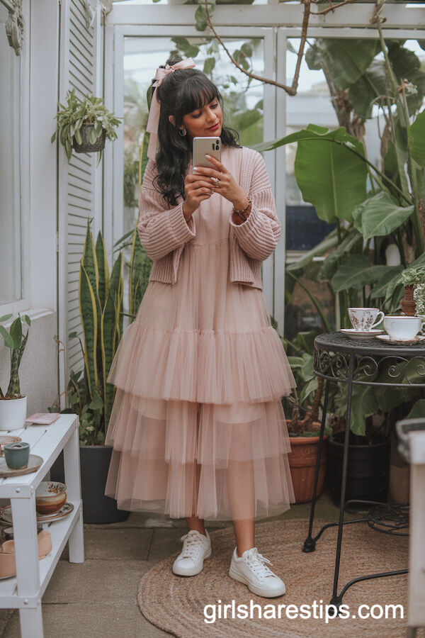 Blush Tulle Dress with Cropped Cardigan