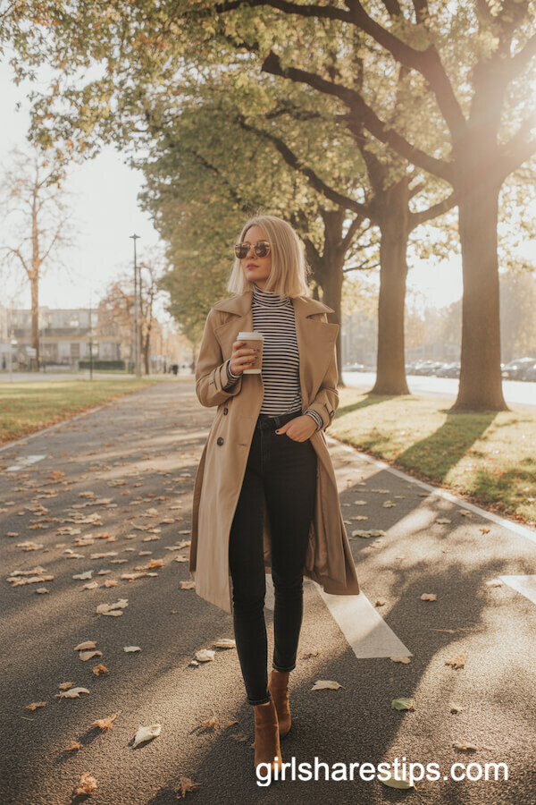 Camel Trench Coat & Striped Turtleneck Outfit