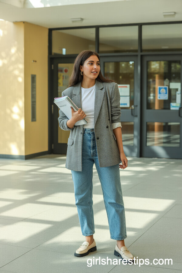 Grey Plaid Blazer & Straight-Leg Jeans Style