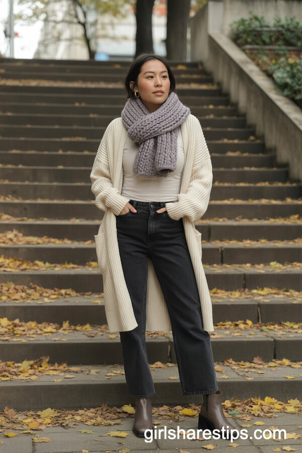 Chunky Knit Scarf & Cream Cardigan Outfit