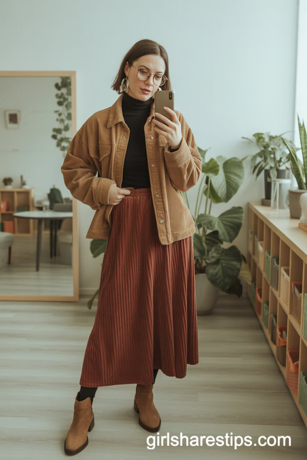 Tan Corduroy Jacket & Rust Maxi Skirt Look