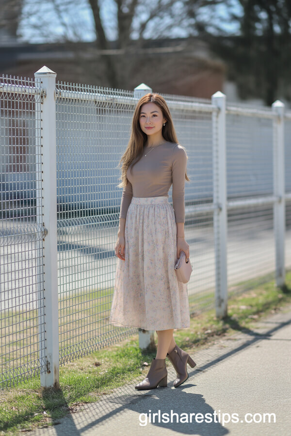 Pastel Floral Skirt & Taupe Top Outfit