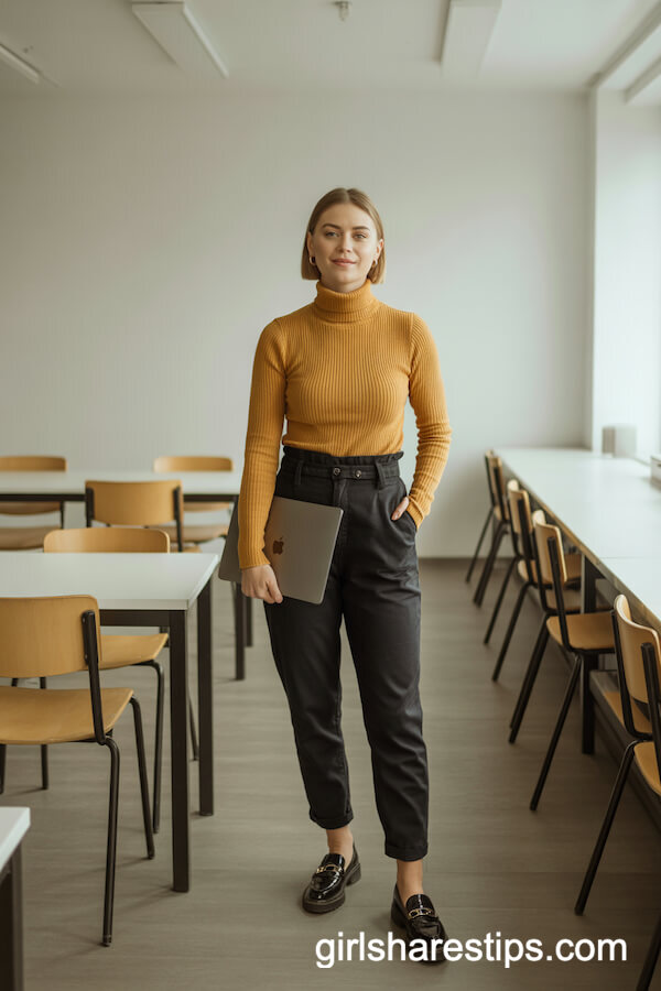 Mustard Turtleneck & Paperbag Waist Pants