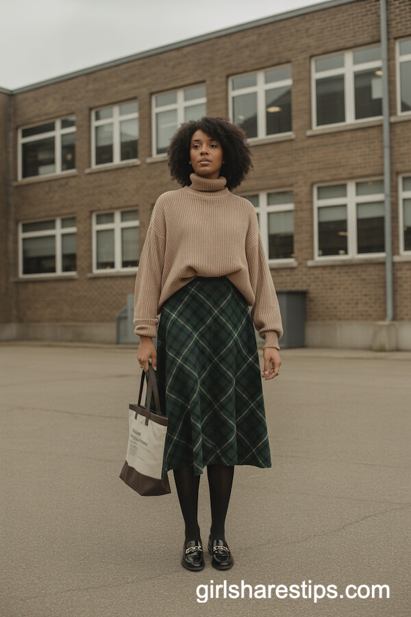 Chunky Beige Sweater Plaid Midi Skirt Look