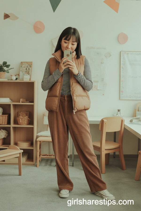 Tan Puffer Vest & Corduroy Pants Style