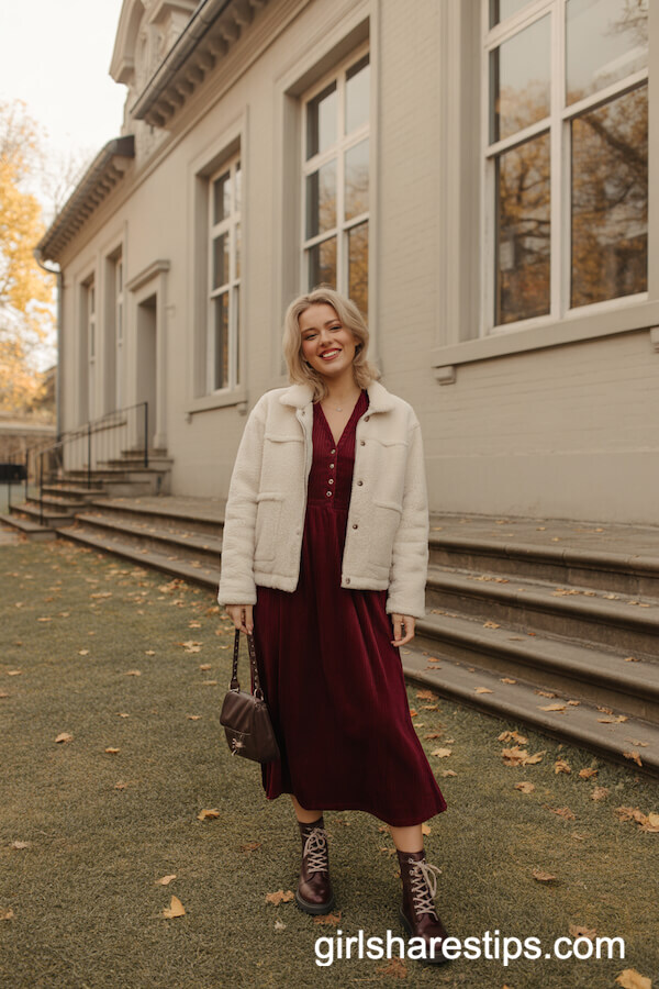Cream Sherpa Jacket Burgundy Dress Outfit
