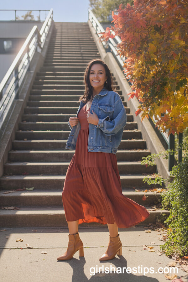 Rust Midi Dress & Denim Jacket Ensemble