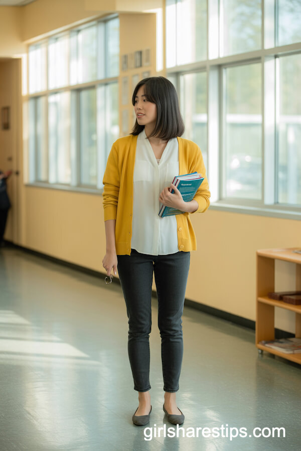 Bright Yellow Cardigan & White Blouse Combo