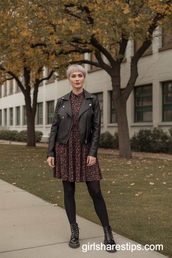 Black Leather Jacket & Floral Dress Style