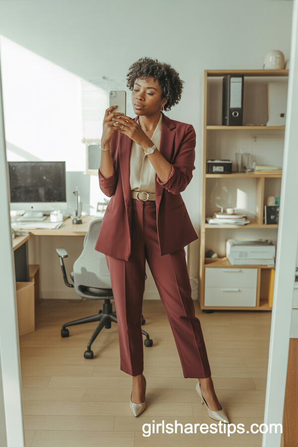 Burgundy Blazer High-Waist Trousers Outfit