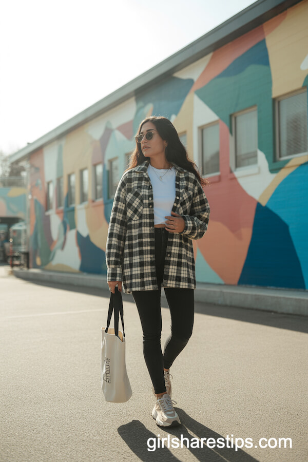 Plaid Shacket & Black Leggings Look