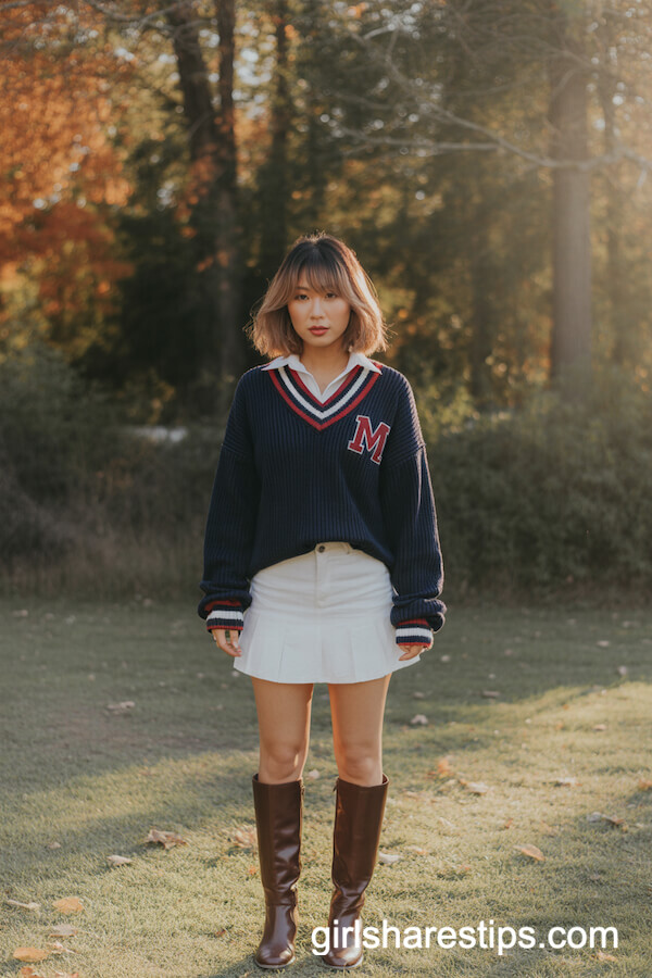 Navy Varsity Sweater White Mini Skirt Set