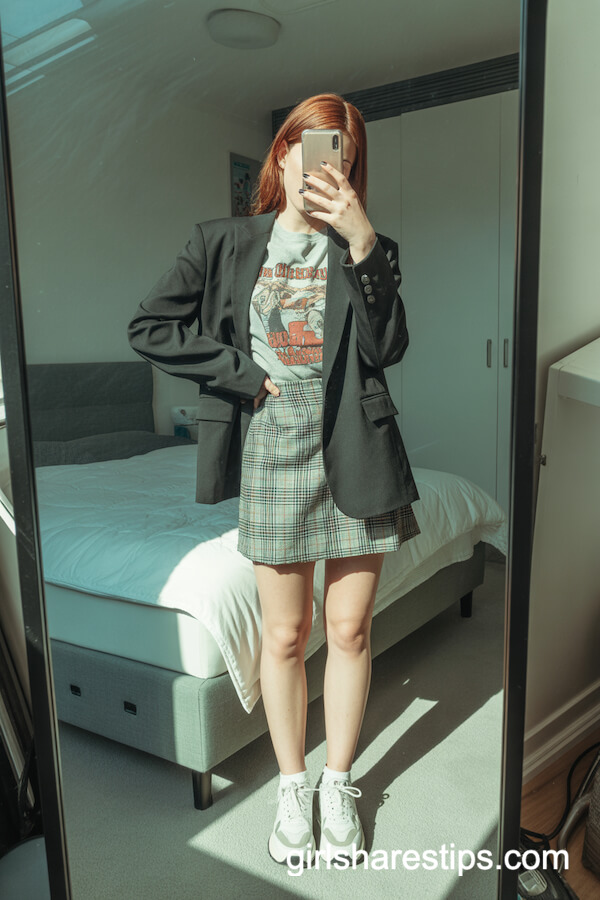 Black Blazer with Plaid Mini Skirt