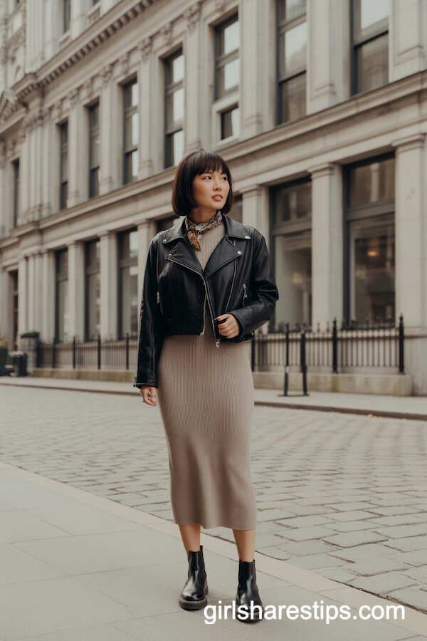 Moto Jacket with Fitted Midi Skirt