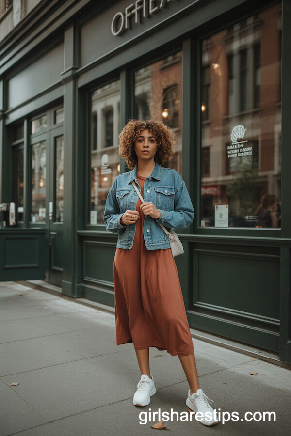 Denim Jacket Layered Over Rust-Colored Dress