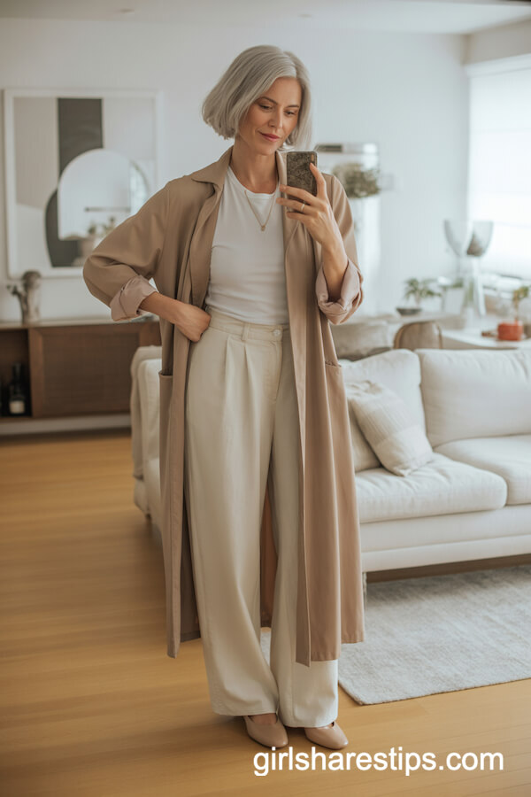 Beige Duster Coat with Wide-Leg Trousers