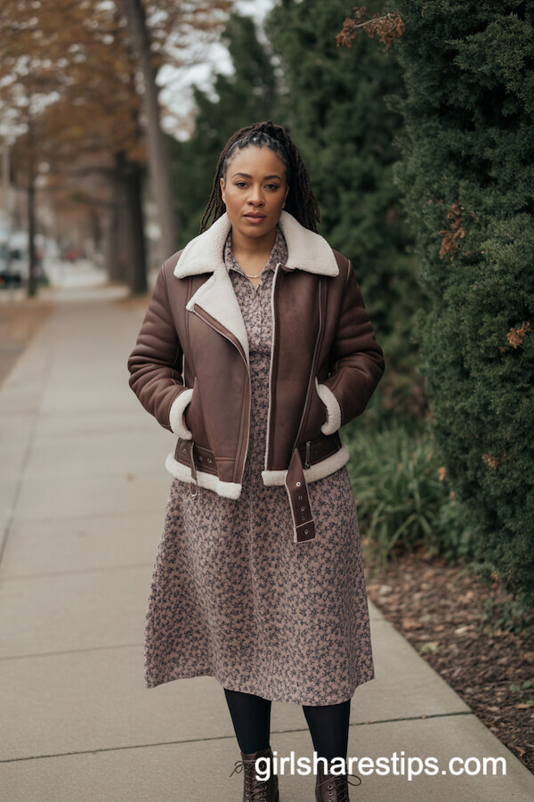 Shearling Aviator Jacket with Floral Dress