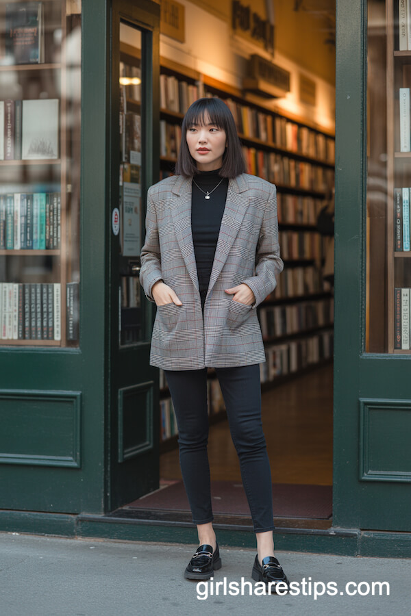 Gray Plaid Blazer with Black Turtleneck