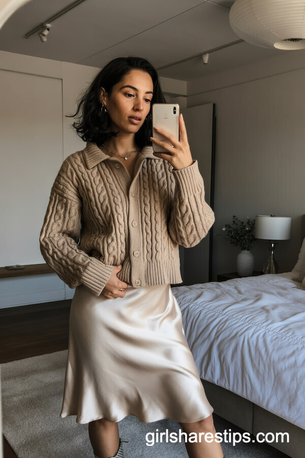Chunky Cable-Knit Cardigan with Silky Skirt