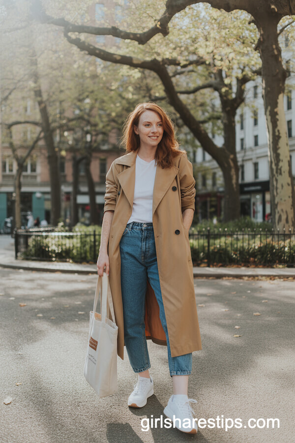 Camel Trench Coat with Mom Jeans