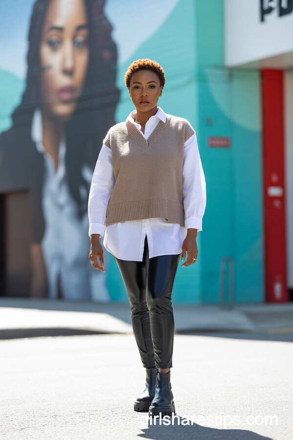 Sweater Vest with Faux Leather Leggings