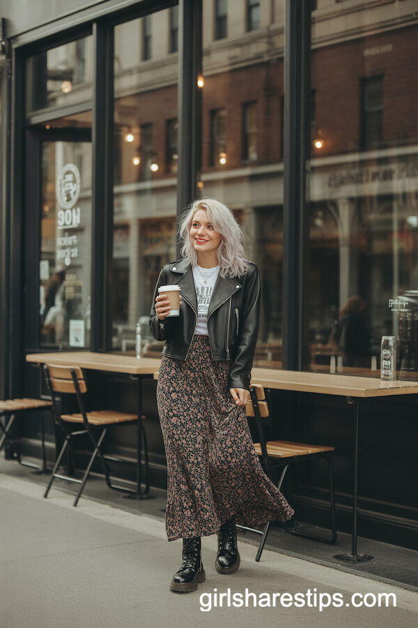 Cropped Leather Jacket with Floral Skirt
