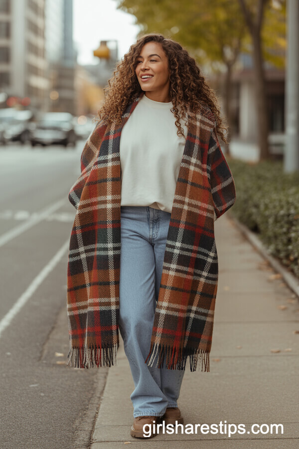 Oversized Plaid Scarf with Relaxed Jeans