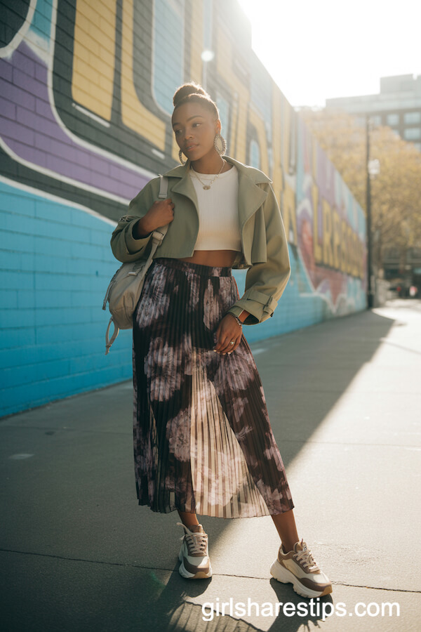 Cropped Khaki Trench with Floral Maxi Skirt