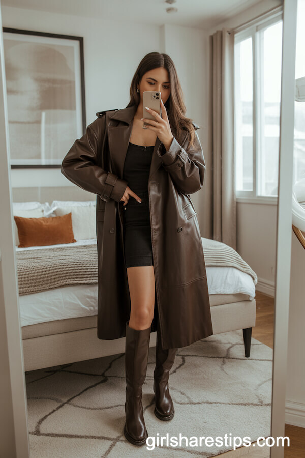 Leather Trench with Black Mini Dress