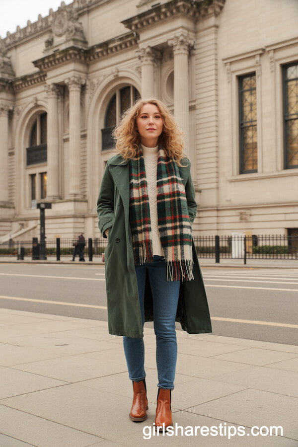 Forest Green Trench with Plaid Scarf and Jeans