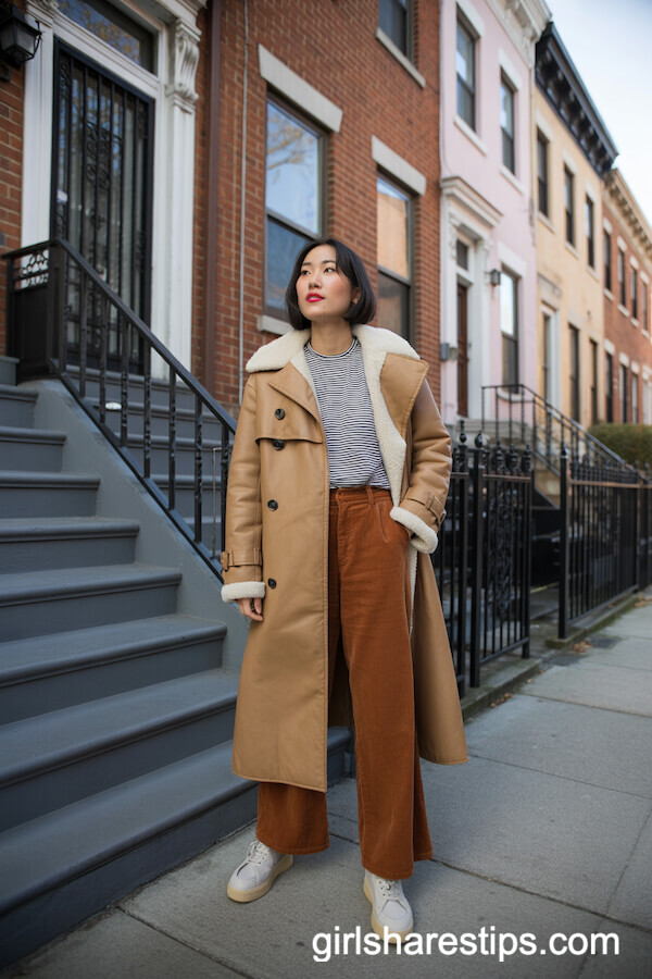 Shearling-Lined Trench with Corduroy Pants