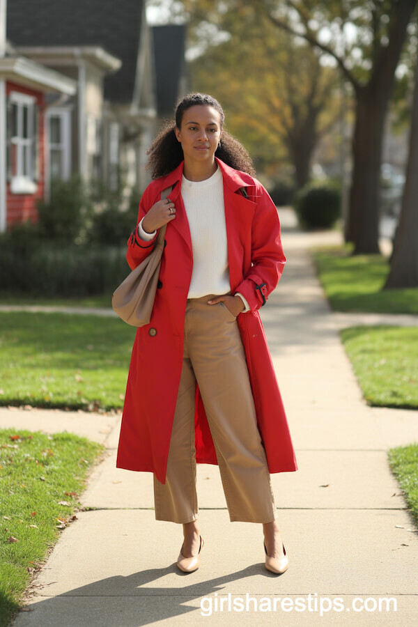 Red Trench with Wide-Legged Pants