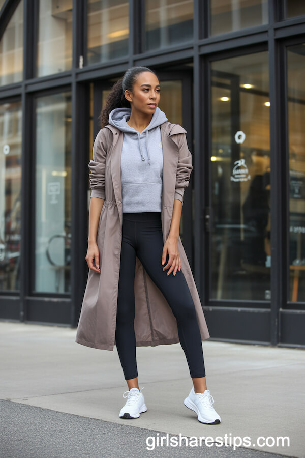 Taupe Trench with Hoodie and Leggings